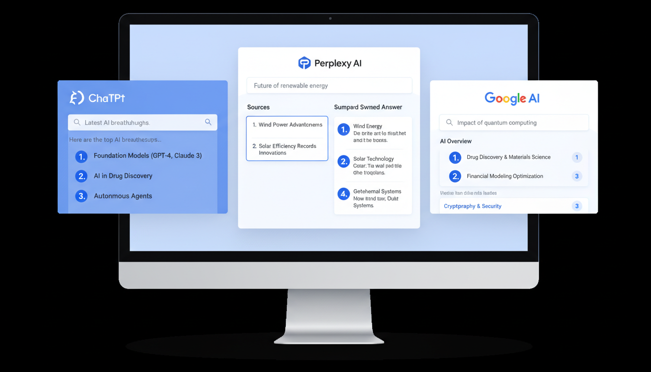 AI Search Interfaces showing ChatGPT, Perplexity, and Google AI with content rankings